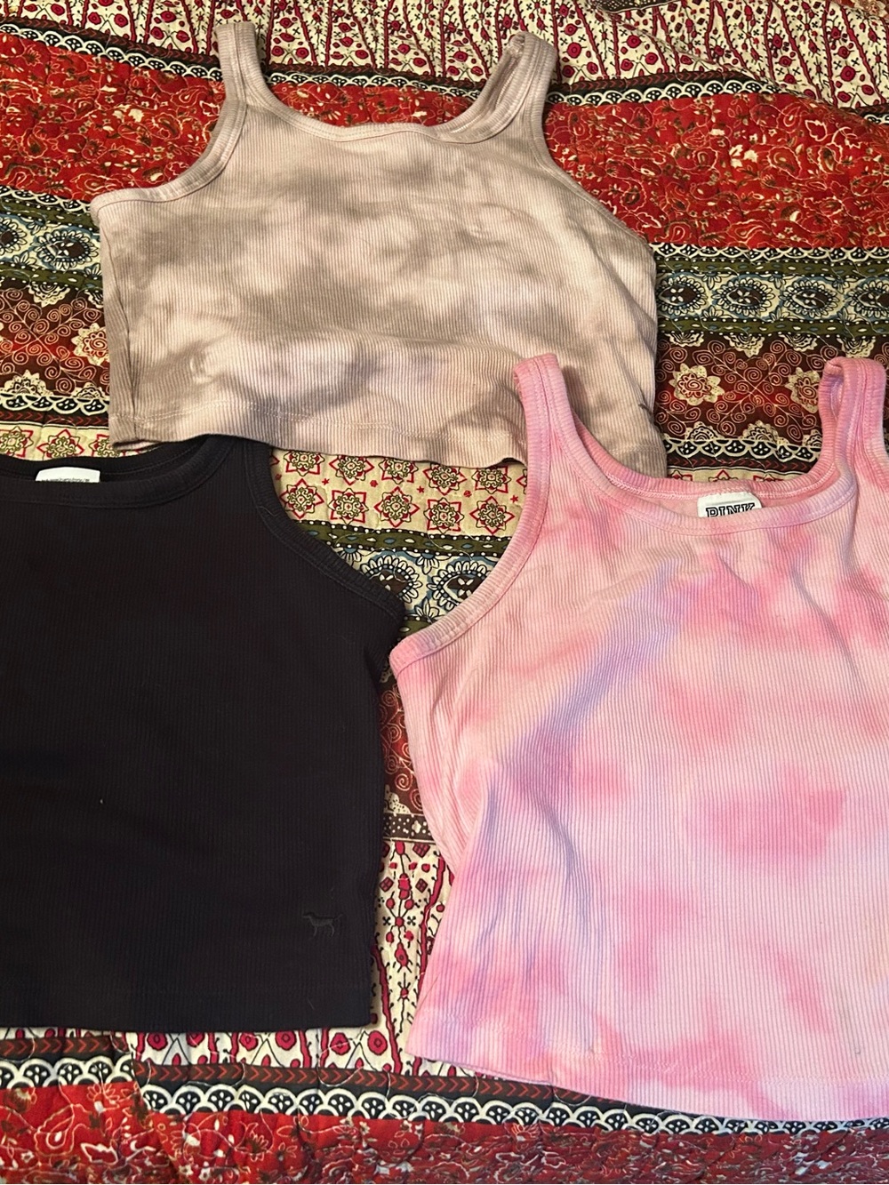 PINK Victoria's Secret Pink & Black Ribbed Tank Top Trio